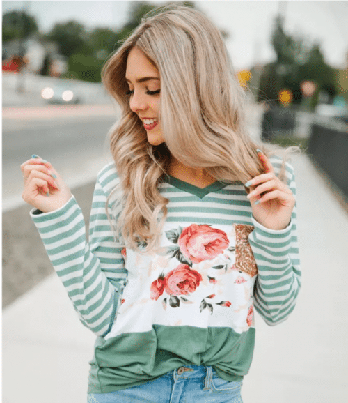 SPRING INTO FUN FLORAL LONG SLEEVE TOPeck Long Sleeve Top