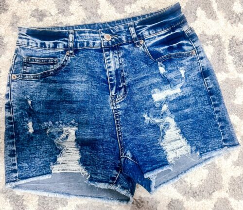 That is your priority dark wash distressed denim shorts